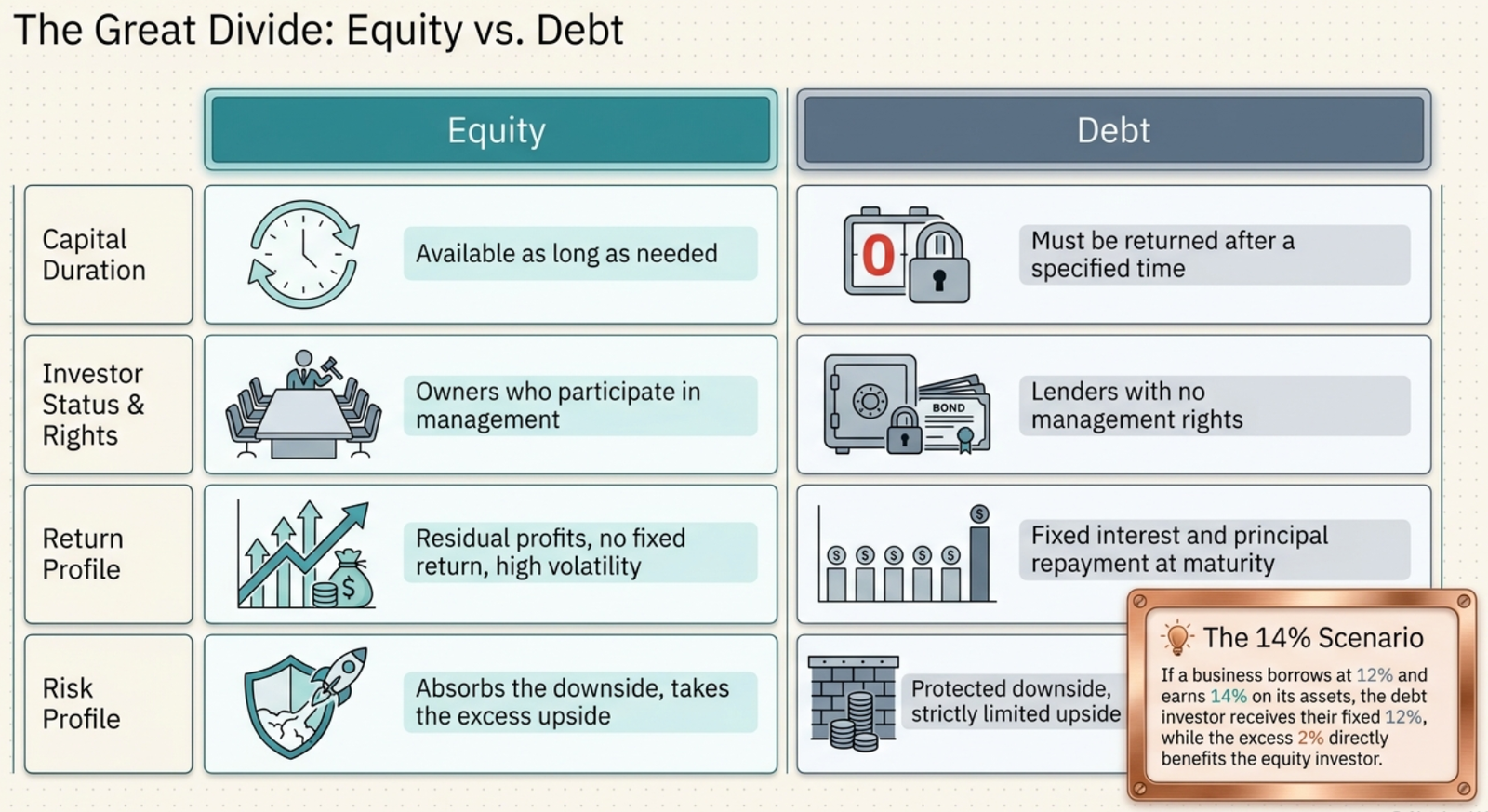 The Great Divide — Equity vs Debt comparison across Capital Duration, Investor Status, Return Profile, Risk Profile
