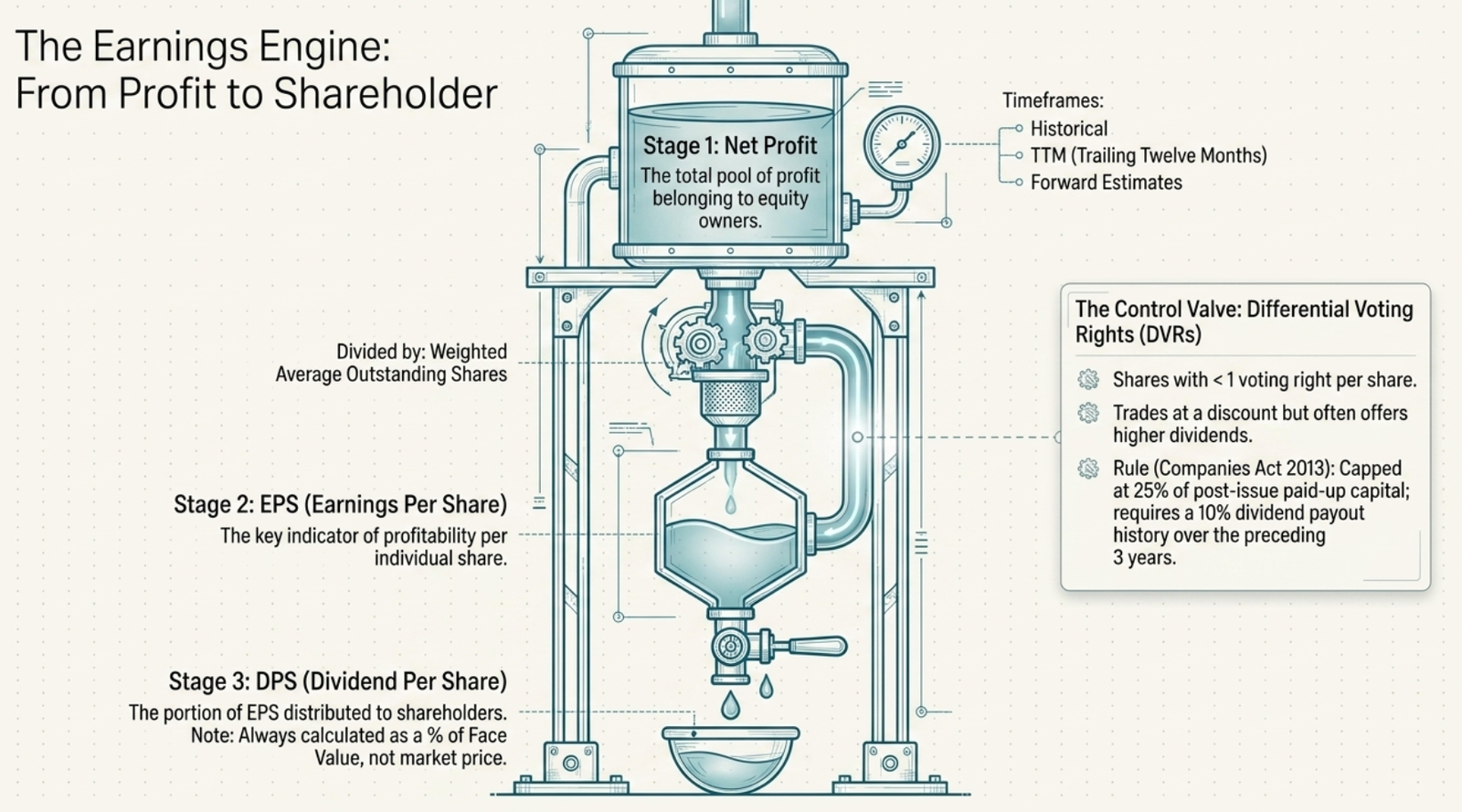 The Earnings Engine — Net Profit to EPS to DPS flow, with Differential Voting Rights explained