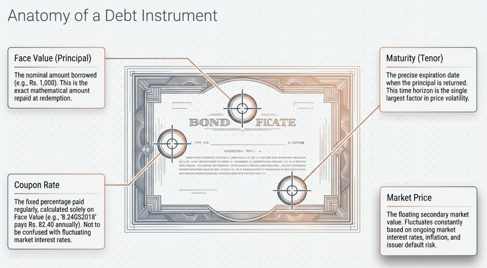 Anatomy of a Debt Instrument — bond certificate annotated with Face Value, Coupon Rate, Maturity/Tenor, and Market Price