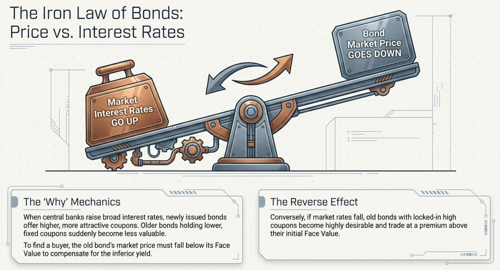 The Iron Law of Bonds — seesaw showing inverse relationship between market interest rates and bond market prices