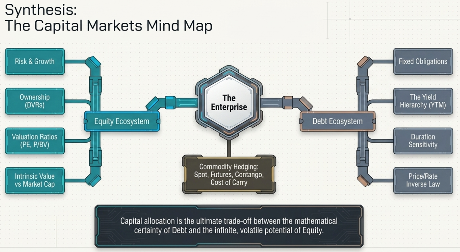 Synthesis: The Capital Markets Mind Map — enterprise at centre, equity ecosystem left, debt ecosystem right, commodity hedging below