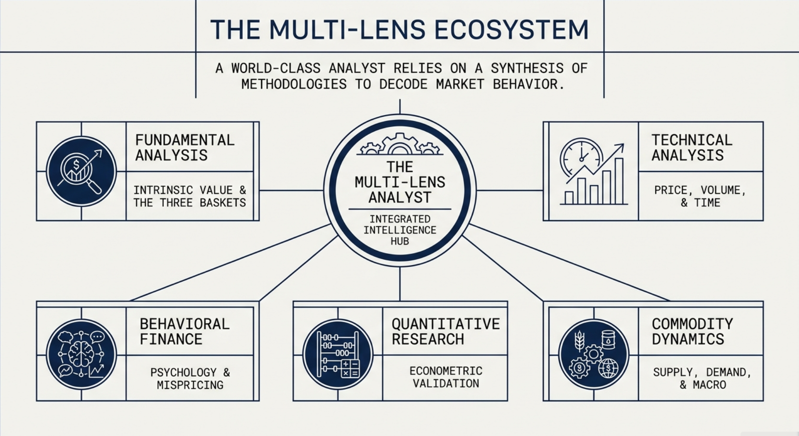 The Multi-Lens Ecosystem — Fundamental Analysis, Technical Analysis, Behavioral Finance, Quantitative Research, and Commodity Dynamics all feeding into the Multi-Lens Analyst
