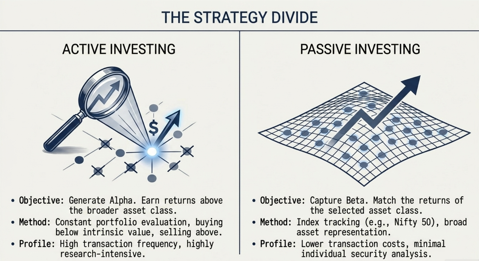 The Strategy Divide — Active Investing (generate Alpha, buy below intrinsic value) vs Passive Investing (capture Beta, index tracking)
