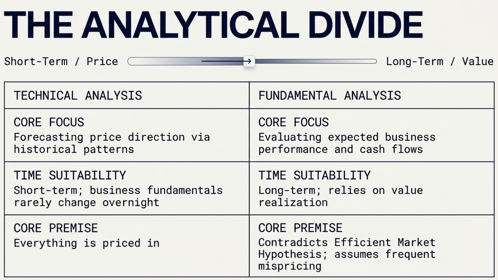 The Analytical Divide — Technical Analysis (short-term, price-in, forecasts patterns) vs Fundamental Analysis (long-term, assumes mispricing, evaluates cash flows)