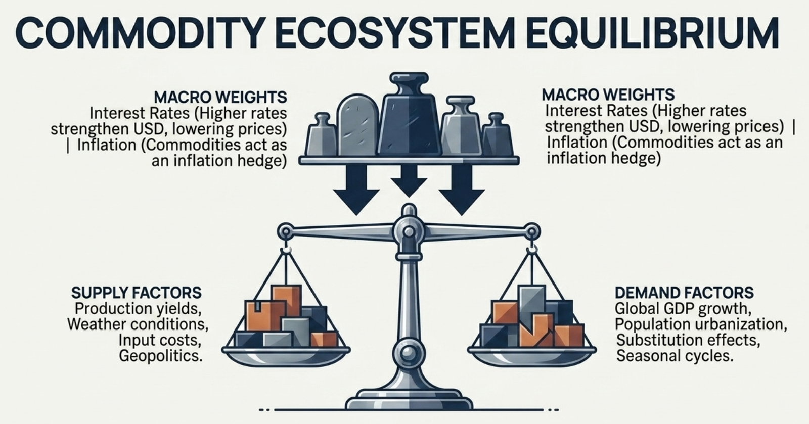 Commodity Ecosystem Equilibrium — balance scale showing Supply Factors (production, weather, geopolitics) vs Demand Factors (GDP growth, urbanisation, seasonal cycles) weighted by Macro (interest rates, inflation)
