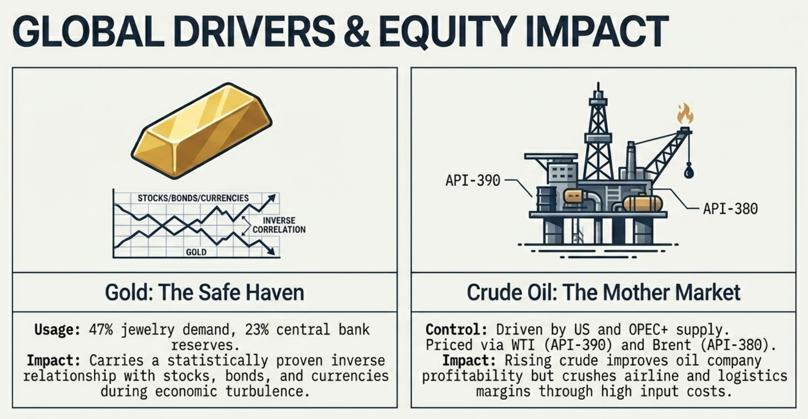 Global Drivers and Equity Impact — Gold as safe haven (inverse correlation with stocks) and Crude Oil as the mother market (OPEC, WTI/Brent, equity impact)