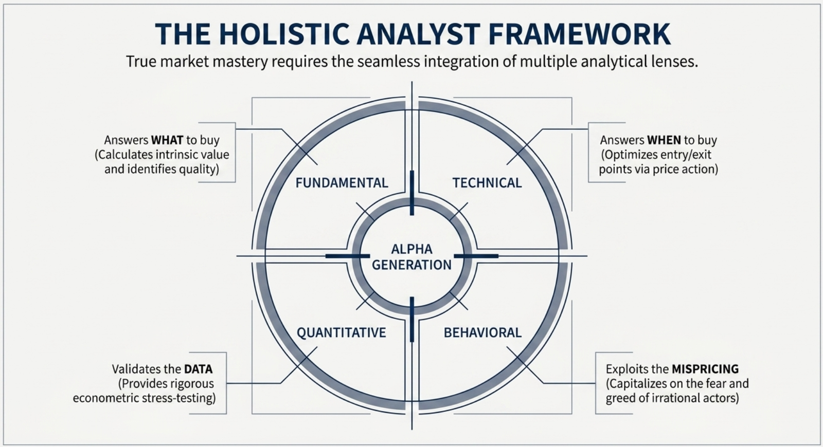 The Holistic Analyst Framework — circular diagram with Fundamental (WHAT to buy), Technical (WHEN to buy), Quantitative (validates DATA), and Behavioral (exploits MISPRICING) converging on Alpha Generation