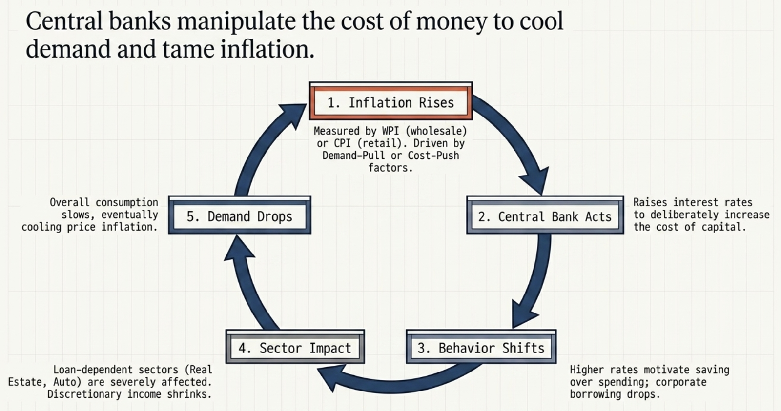 Five-step inflation cycle: inflation rises, central bank acts, behaviour shifts, sector impact, demand drops