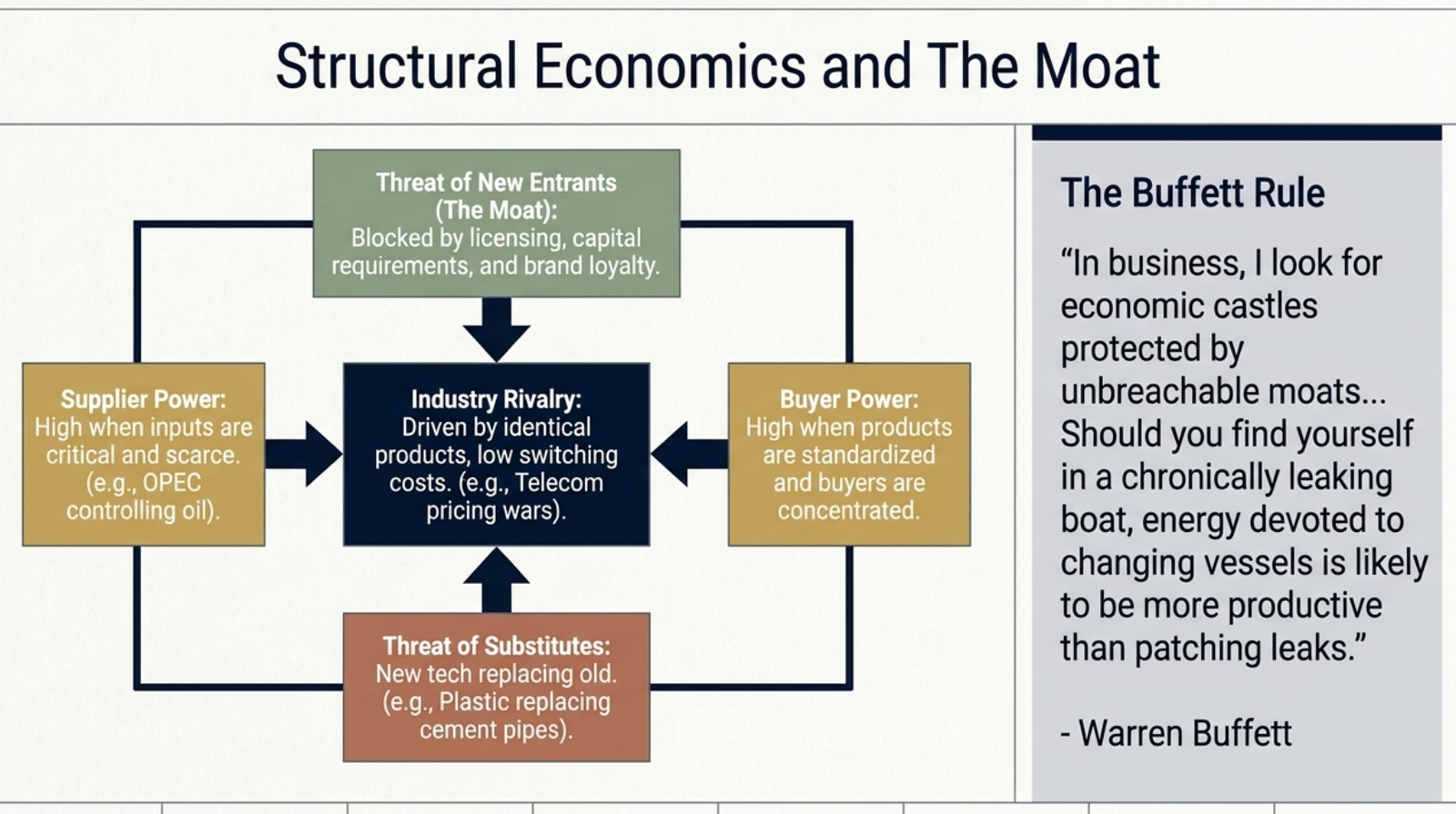Porter's Five Forces and the Moat: Industry Rivalry surrounded by Supplier Power, Buyer Power, Threat of Substitutes and New Entrants, with Buffett's moat quote