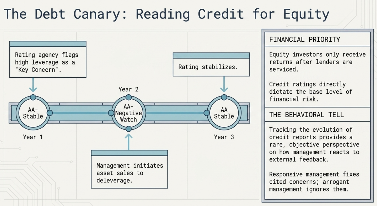The Debt Canary — Reading Credit for Equity: rating evolution timeline from AA-Stable to AA-Negative Watch back to AA-Stable as management deleverages, with Financial Priority (equity is residual) and Behavioral Tell (management reaction to feedback) annotations