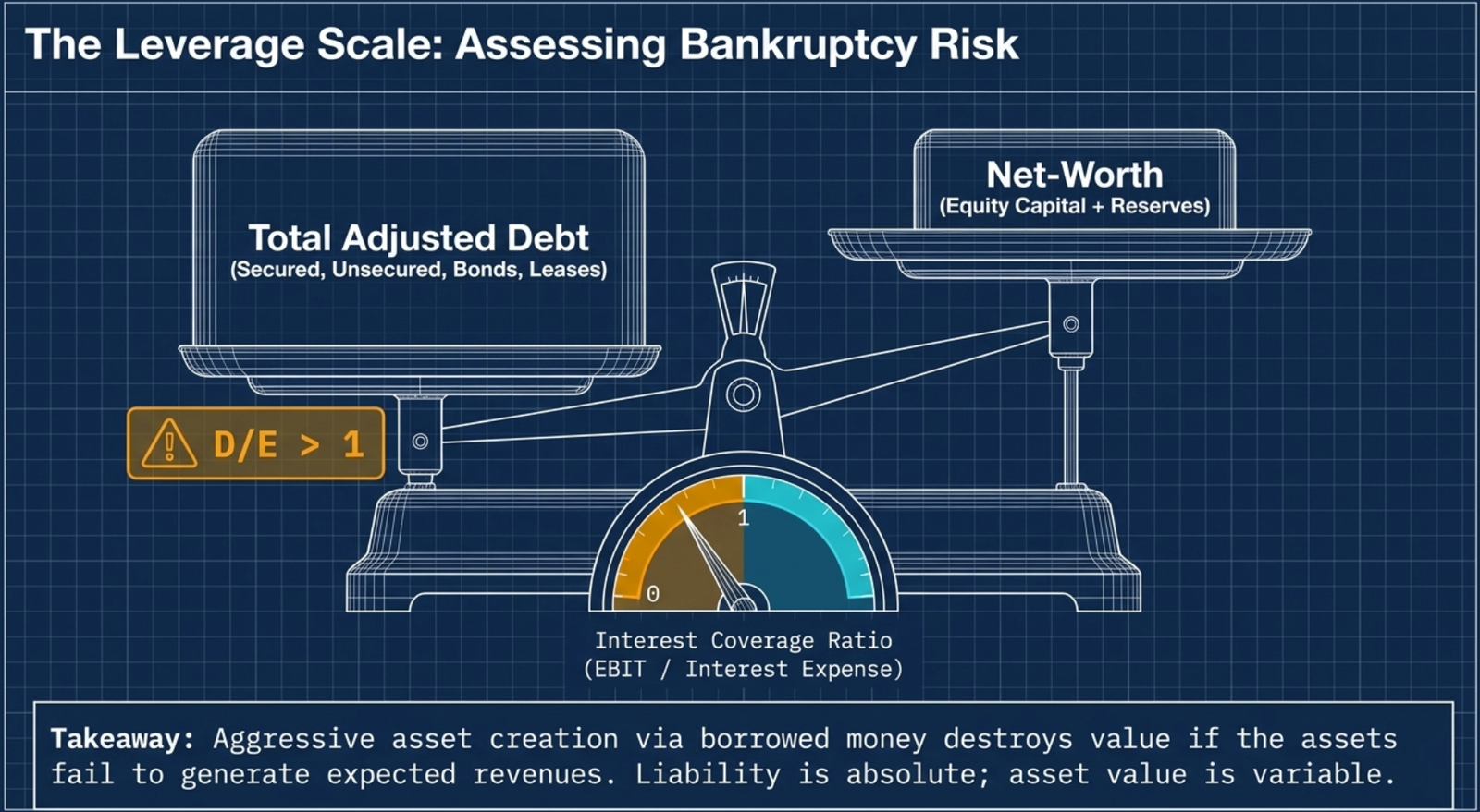 The Leverage Scale: Assessing Bankruptcy Risk — balance scale weighing Total Adjusted Debt (secured, unsecured, bonds, leases) against Net Worth (equity capital + reserves); D/E > 1 warning indicator; Interest Coverage Ratio gauge (EBIT / Interest Expense) showing danger zone below 1