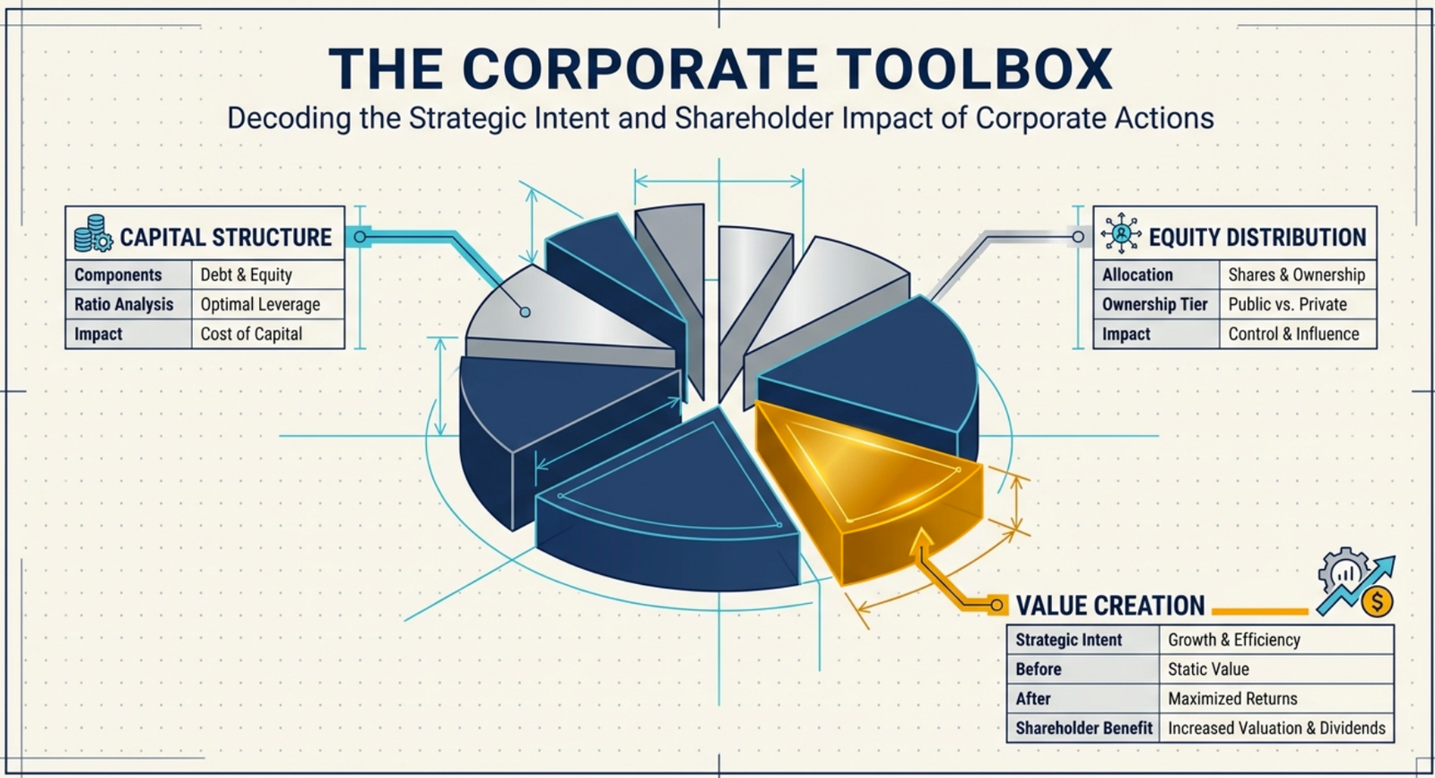 The Corporate Toolbox: three strategic dimensions of corporate actions — Capital Structure (Debt & Equity, Optimal Leverage, Cost of Capital), Equity Distribution (Shares & Ownership, Public vs Private, Control & Influence), Value Creation (Growth & Efficiency, Maximized Returns, Increased Valuation & Dividends)