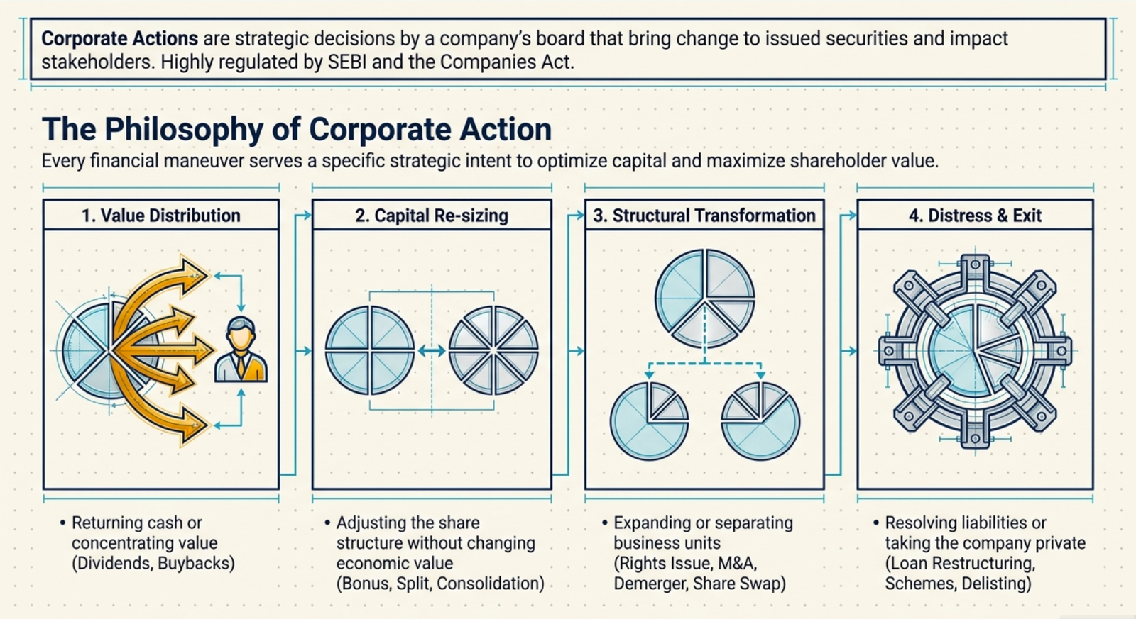 The Philosophy of Corporate Action: four strategic intents — Value Distribution (Dividends, Buybacks: returning cash or concentrating value), Capital Re-sizing (Bonus, Split, Consolidation: adjusting share structure without changing economic value), Structural Transformation (Rights Issue, M&A, Demerger, Share Swap: expanding or separating business units), Distress & Exit (Loan Restructuring, Schemes, Delisting: resolving liabilities or taking the company private)