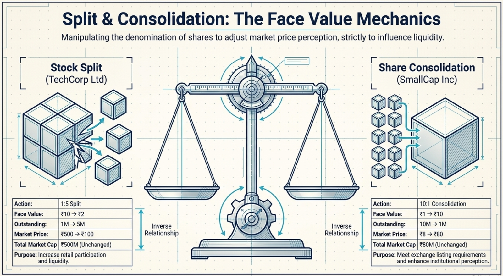 Split & Consolidation: The Face Value Mechanics — balance scale showing inverse relationship between face value and share count; Stock Split example (TechCorp Ltd): 1:5 split, face value ₹10→₹2, outstanding 1M→5M, market price ₹500→₹100, market cap ₹500M unchanged, purpose: increase retail participation and liquidity; Share Consolidation example (SmallCap Inc): 10:1 consolidation, face value ₹1→₹10, outstanding 10M→1M, market price ₹8→₹80, market cap ₹80M unchanged, purpose: meet exchange listing requirements and enhance institutional perception