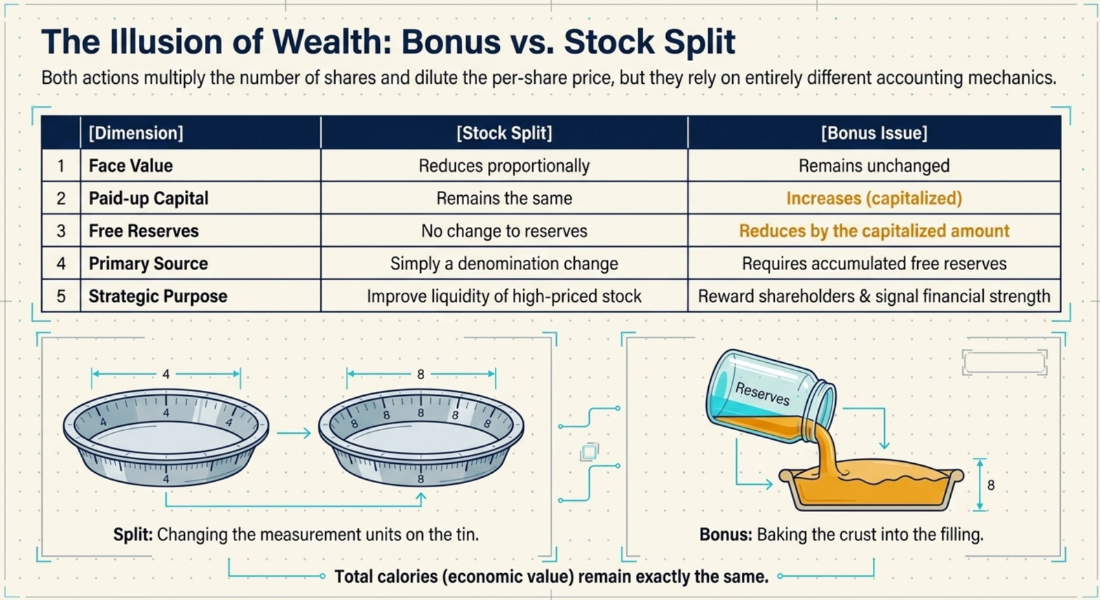 The Illusion of Wealth — Bonus vs Stock Split comparison table: Face Value (Split reduces proportionally; Bonus unchanged), Paid-up Capital (Split unchanged; Bonus increases via capitalization), Free Reserves (Split no change; Bonus reduces by capitalized amount), Primary Source (Split: denomination change; Bonus: requires accumulated free reserves), Strategic Purpose (Split: improve liquidity of high-priced stock; Bonus: reward shareholders and signal financial strength); analogy: Split = changing measurement units on the tin; Bonus = baking the crust into the filling