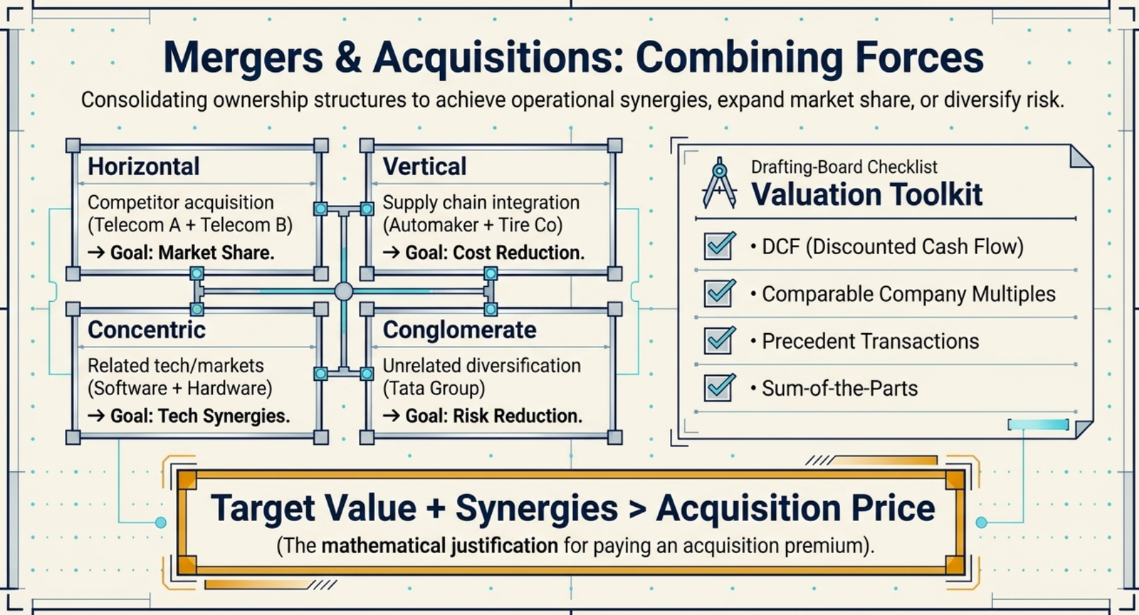 Mergers & Acquisitions: Combining Forces — four merger types: Horizontal (Telecom A + Telecom B → goal: market share), Vertical (Automaker + Tire Co → goal: cost reduction via supply chain integration), Concentric (Software + Hardware → goal: tech synergies), Conglomerate (Tata Group → goal: risk reduction through unrelated diversification); Valuation Toolkit: DCF, Comparable Company Multiples, Precedent Transactions, Sum-of-the-Parts; key equation: Target Value + Synergies > Acquisition Price