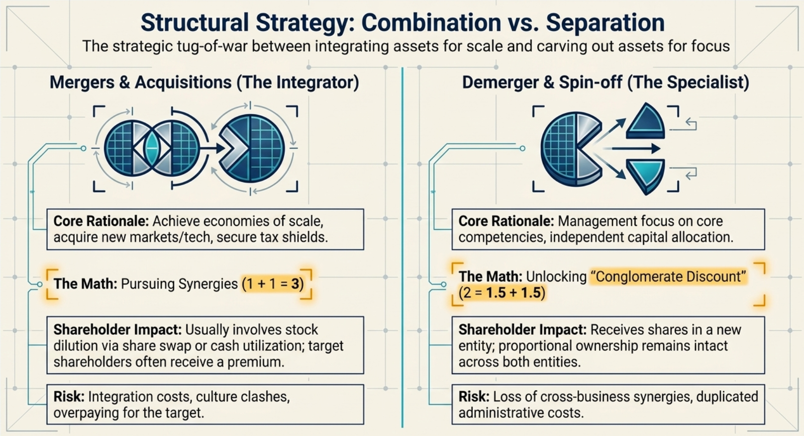 Structural Strategy: Combination vs Separation — M&A as the Integrator (core rationale: economies of scale and new markets/tech; math: 1+1=3 synergies; shareholder impact: dilution via share swap or cash; risk: integration costs, culture clashes, overpaying) vs Demerger/Spin-off as the Specialist (core rationale: management focus on core competencies and independent capital allocation; math: 2 = 1.5+1.5 unlocking conglomerate discount; shareholder impact: proportional shares in new entity; risk: loss of cross-business synergies and duplicated admin costs)