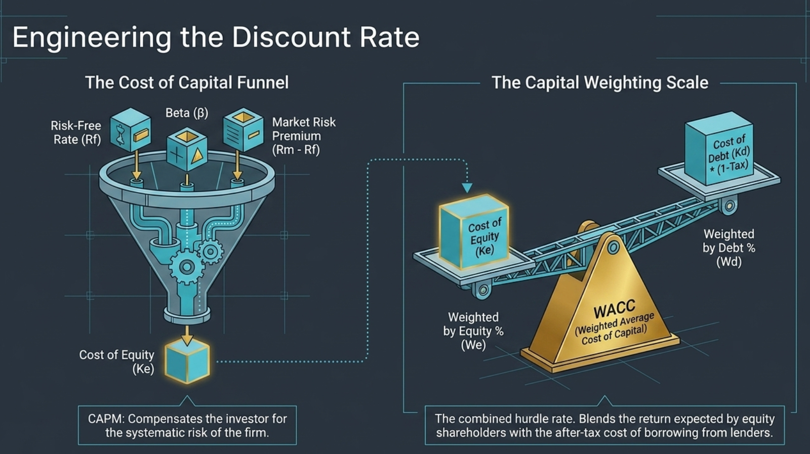 Engineering the Discount Rate — The Cost of Capital Funnel (CAPM): Risk-Free Rate (Rf) + Beta (β) + Market Risk Premium (Rm − Rf) funnelled together → Cost of Equity (Ke); CAPM compensates the investor for the systematic risk of the firm; The Capital Weighting Scale: Cost of Equity (Ke) weighted by Equity % (We) balanced against Cost of Debt (Kd×(1−Tax)) weighted by Debt % (Wd) → WACC (Weighted Average Cost of Capital); WACC is the combined hurdle rate that blends the return expected by equity shareholders with the after-tax cost of borrowing from lenders