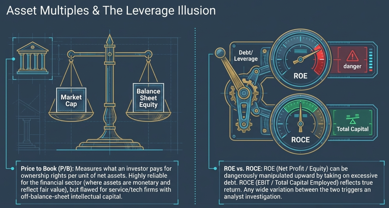 Asset Multiples & The Leverage Illusion — Price to Book (P/B): balance scale comparing Market Cap vs. Balance Sheet Equity; measures what an investor pays for ownership rights per unit of net assets; highly reliable for the financial sector where assets are monetary and reflect fair value, but flawed for service/tech firms with off-balance-sheet intellectual capital; ROE vs. ROCE dials: ROE (Net Profit/Equity) shown in danger zone — can be dangerously manipulated upward by taking on excessive debt/leverage; ROCE (EBIT/Total Capital Employed) shown in safe zone — reflects true return on invested capital; any wide variation between the two triggers an analyst investigation