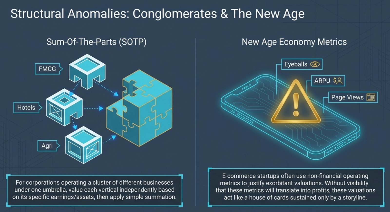 Structural Anomalies: Conglomerates & The New Age Economy — Sum-Of-The-Parts (SOTP): conglomerate cube assembled from FMCG + Hotels + Agri puzzle pieces; for corporations operating a cluster of different businesses under one umbrella, value each vertical independently based on its specific earnings/assets, then apply simple summation; New Age Economy Metrics warning: smartphone icon surrounded by Eyeballs (user attention), ARPU (average revenue per user), and Page Views — e-commerce startups often use non-financial operating metrics to justify exorbitant valuations; without visibility that these metrics will translate into profits, these valuations act like a house of cards sustained only by a storyline