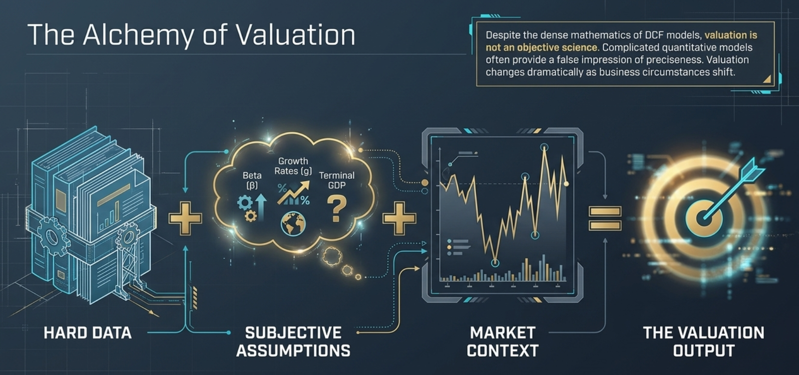 The Alchemy of Valuation — equation: Hard Data (financial statements, historical figures) + Subjective Assumptions (Beta β, Growth Rates g, Terminal GDP ?, analyst judgment) + Market Context (current sentiment, comparable multiples, macro conditions) = The Valuation Output (a precise-looking number that is inherently an estimate); core warning: despite the dense mathematics of DCF models, valuation is not an objective science — complicated quantitative models often provide a false impression of preciseness; valuation changes dramatically as business circumstances shift